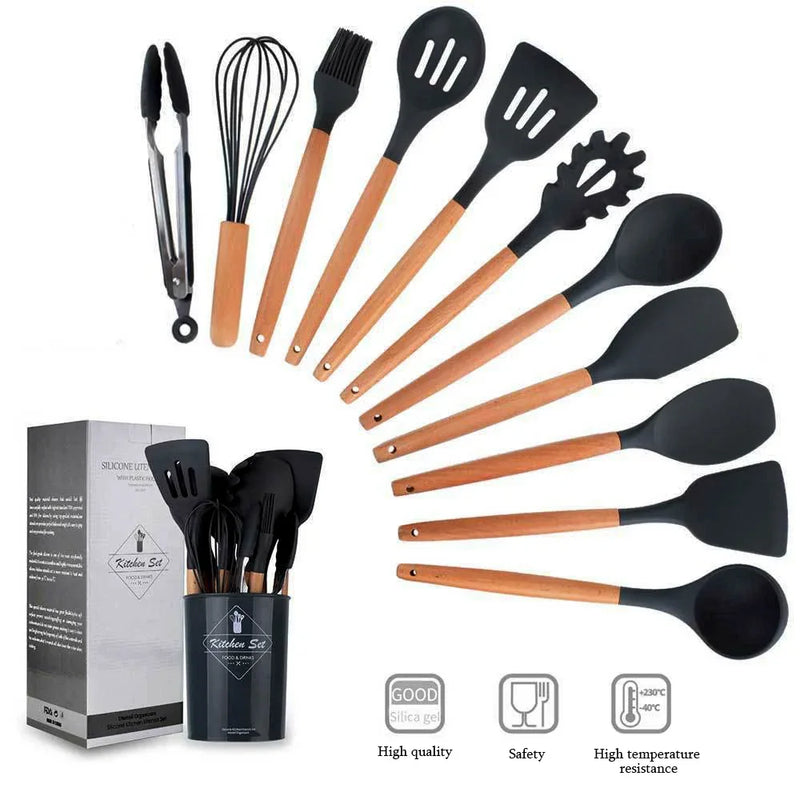 Conjunto de Utensílios de Cozinha - Silicone - Madeira - 12 Peças