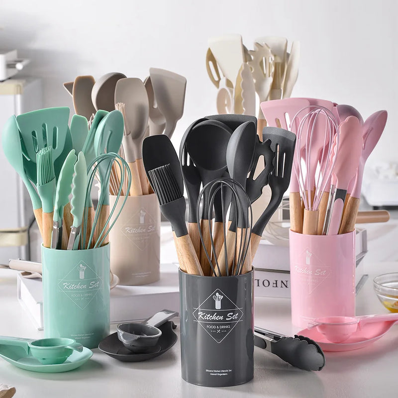 Conjunto de Utensílios de Cozinha - Silicone - Madeira - 12 Peças