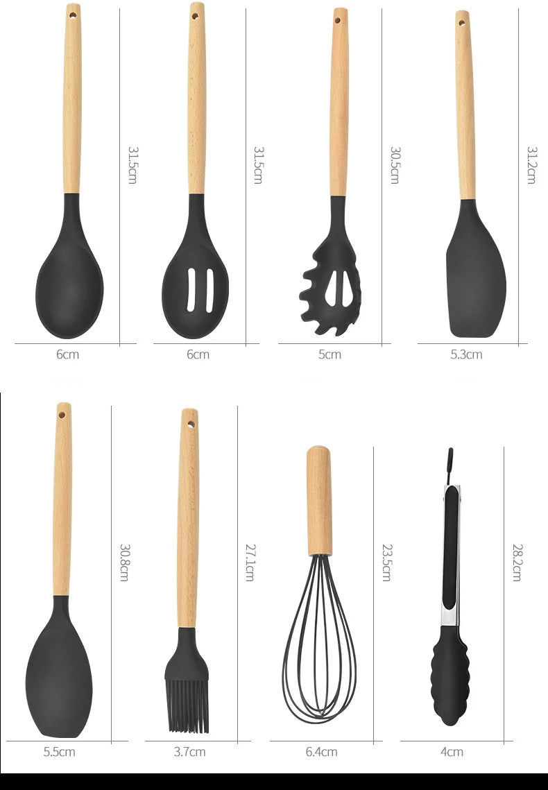 Conjunto de Utensílios de Cozinha - Silicone - Madeira - 12 Peças