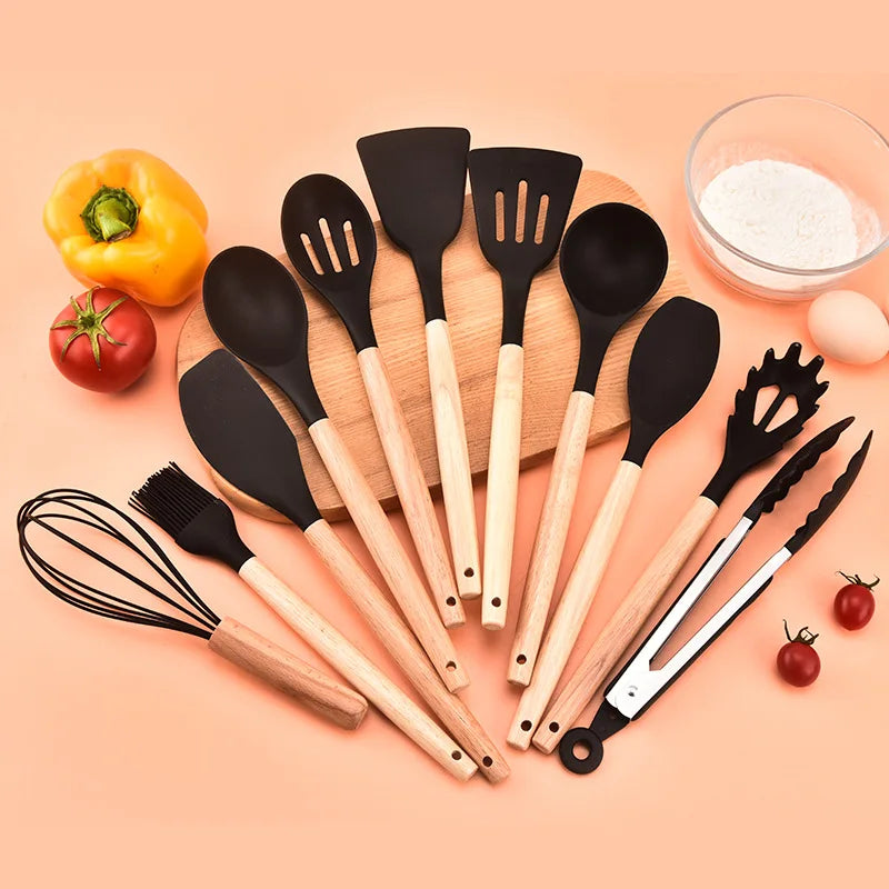 Conjunto de Utensílios de Cozinha - Silicone - Madeira - 12 Peças