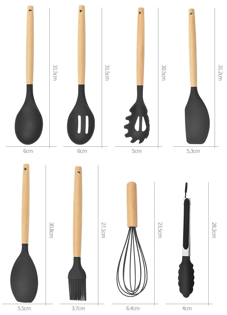 Conjunto de Utensílios de Cozinha - Silicone - Madeira - 12 Peças