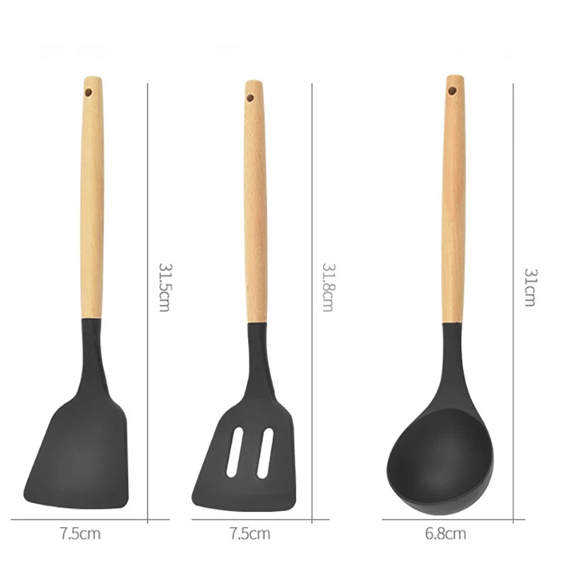 Conjunto de Utensílios de Cozinha - Silicone - Madeira - 12 Peças